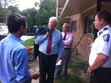 Congressman David Price joined by Mayor Mark Kleinschmidt (L) Town Manager Roger Stancil (CR) and Emergency Management Coordinator Robert Bosworth (R).